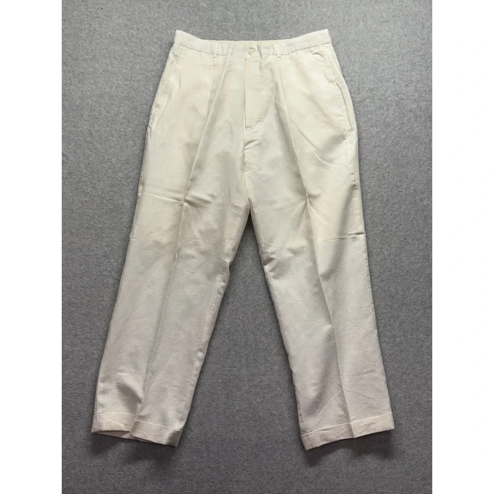 Metafuori New York Mens 36 Cream Linen Cotton Pleated Cuffed Trousers Pants